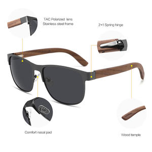 Lunettes de soleil ovales unisexes de style européen avec monture en acier inoxydable et branches en bois, verres TAC noirs polarisés UV400 pour la protection solaire - Product Image 4