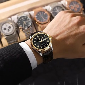 Montre-bracelet à quartz de luxe pour homme Drioshipping 2023, tendance mode, étanche, bracelet en cuir, affichage date et jour, boîtier en alliage - Product Image 3
