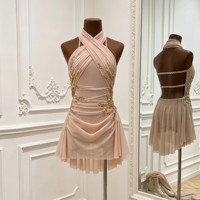 Robe de danse lyrique froncée sur mesure, costume de patinage professionnel orné de strass, tenue de danse moderne ornée de cristaux dorés