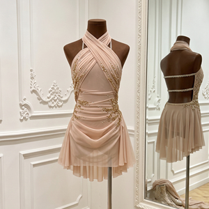 Robe de danse lyrique froncée sur mesure, costume de patinage professionnel orné de strass, tenue de danse moderne ornée de cristaux dorés - Product Image 3
