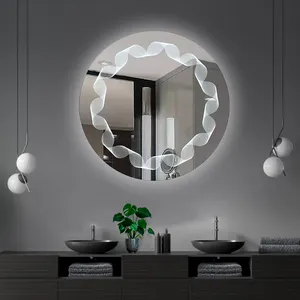 Cermin LED mewah anti kabut, kaca lingkaran kamar mandi mewah anti kabut, cermin LED cerdas dengan tiga warna lampu latar kombinasi terpasang di dinding