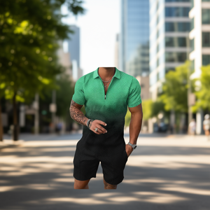 Ensemble d'été pour homme : Chemise en flanelle respirante et short – Style urbain, en polyester et coton tricoté, couleur unie, sans couture, personnalisable - Product Image 2