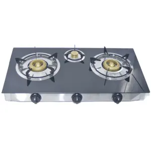Built-In 3-Burner Tempered Glass Gas Stove for Households Liquefied Flameout Protection Battery-Powered for Hotels