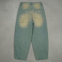 Jean Baggy Homme Vintage Délavé Effet Boue avec Patchwork Cuir et Détails Usés, Coupe Large, Denim Personnalisé 400g, 100% Coton Lourd