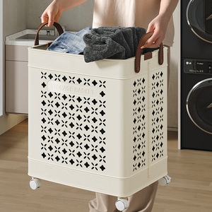 ตะกร้าเก็บของทรงสี่เหลี่ยมพลาสติก PP พร้อมล้อและรูสำหรับจัดระเบียบห้องน้ำและซักรีด ความจุขนาดใหญ่ แบบตั้งพื้น - Product Image 2