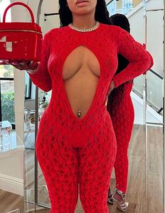 Tutina da donna Sexy a manica lunga senza schienale in stile Jacquard rossa - Product Image 2