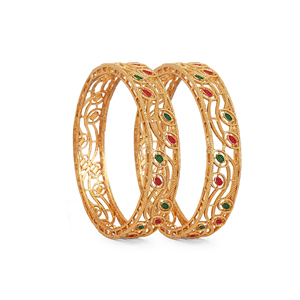 Designer Gold Tone Metal Kada <b>Bangle</b> <b>Bracelet</b> with Color Work and Detailed Cut Pattern Traditional Indian Ethnic Jewelry - Product Image 4