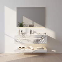 Meuble de salle de bain mural moderne double couche en ardoise, résistant à l'eau, avec miroir LED et vasque en céramique intégrée