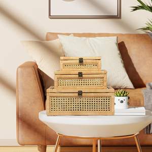 Juego de 3 Cajas de Ratán con Tapa de Vidrio Marrón con Tapas para Decoración del Hogar, Caja Decorativa de Mimbre con Tapa con Bisagras, Cestas de Mimbre para Almacenamiento - Product Image 2