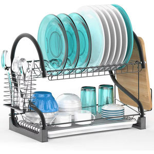 رف تخزين لسطح المطبخ من طبقتين، رف تجفيف الأطباق من الفولاذ الكربوني مع حامل لتصريف المياه - Product Image 1