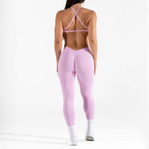 Ensemble de yoga sans couture transfrontalier, col en V, leggings taille haute, 2 pièces, couleur unie, tenue de fitness pour femmes, course en plein air, sport - Product Image 4