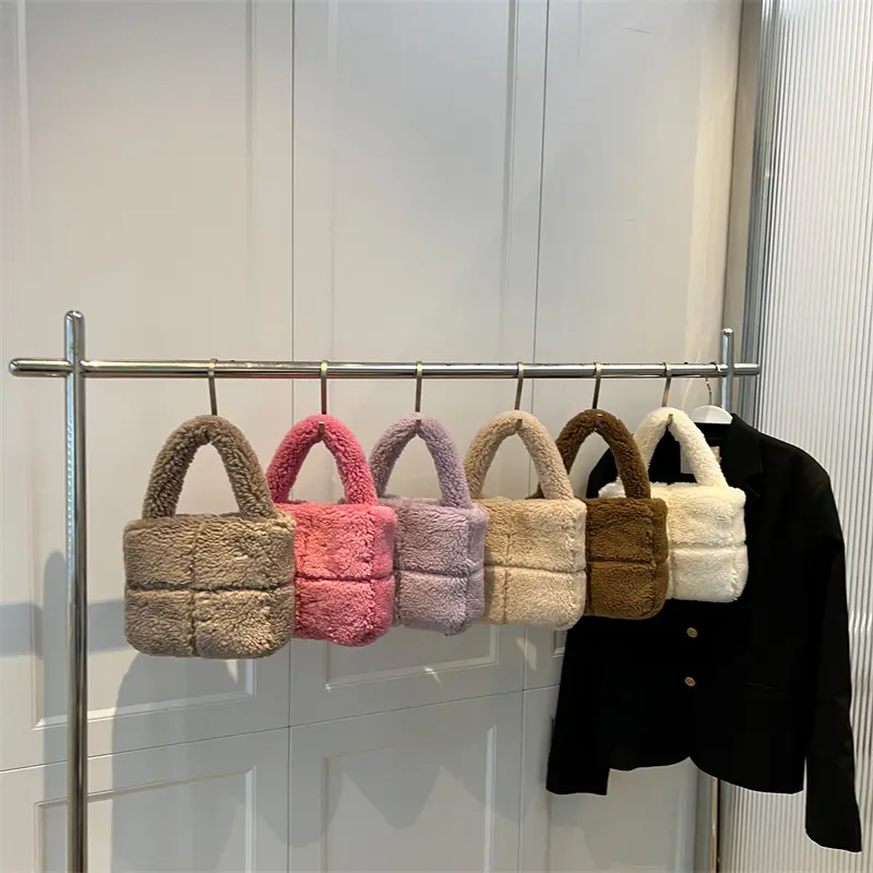Fashion Furry Faux Fur Design Solid Color Small Bucket Hand Bag Custom Square Shape Women Plush Handbag