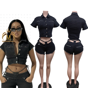 Completo Set <span class=keywords><strong>Jeans</strong></span> Donna 2026: Top Corto in Denim Sexy e Alla Moda + Shorts - Completo Due Pezzi Streetwear in Denim per Donna - Product Image 1