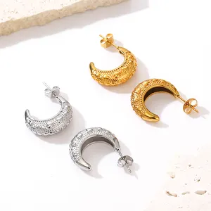 Fashion Vintage Heart Pattern C Shape Earrings Women 18K Gold Plated Stainless Steel Earrings Jewelry