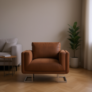 Poltrona Cube Marrone in Ecopelle Scamosciata con Gambe in Metallo, Sedia Contemporanea per Soggiorno - Product Image 2