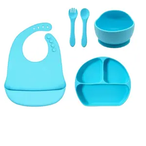 5 개 최저가 방수 안전 간편한 청소 실리콘 아기 수유 세트 그릇 숟가락 턱받이 BPA 무료 분할 실리콘 아기 접시