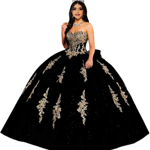 Gold Lace Applique Strapless Tulle Ball Gown Natural Waistline Floral Print Prom Dress Adult - Product Image 3