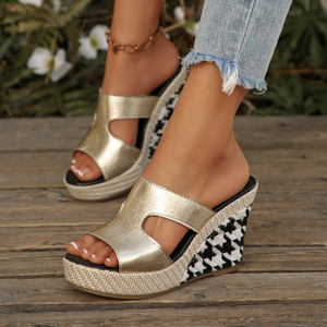 Mules compensées pour femme, personnalisables OEM/ODM, direct usine, doré métallisé pied-de-poule, style espadrille, plateforme, bout ouvert, à enfiler, confort estival - Product Image 1