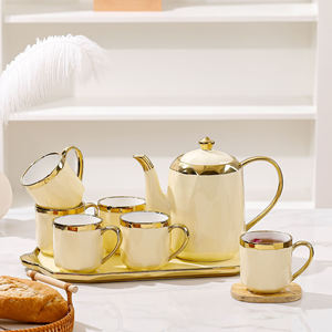 Service à thé en porcelaine de luxe 8 pièces avec plateau, pot à thé et tasses à café en céramique à bord doré - Product Image 2