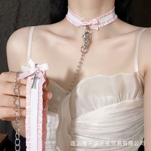 Collar gargantilla con lazo y ribete de encaje, elegante correa para el cuello para mujer, divertido y dulce collar para parejas con correa. - Product Image 1
