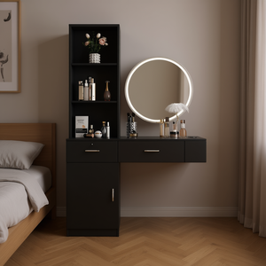 Db Black Modern Makeup <b>Vanity</b> With Multi Layer Storage Lighted <b>Mirror</b> For Bedroom Furniture - Product Image 2