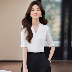 Women's Black V-Neck Shirt With Buttons Solid Color Polyester Poplin Office Wear - Product Image 3