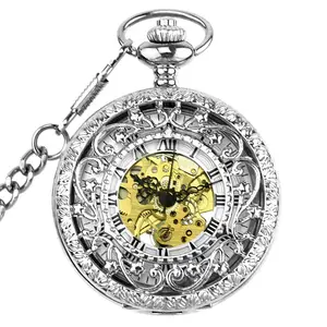 Серебряные женские карманные часы с гравировкой в виде цветка, полностью автоматический 100%