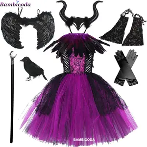 2023 bé áo choàng đen Halloween trang phục Gothic tối phù thủy Nữ Hoàng cô gái Tutu ăn mặc với lông CAPE Nữ Hoàng ác trang phục cổ tích