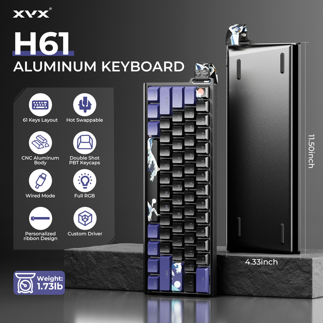 XVX H61 Gaming Mechanical Keyboard Black Coral Sea CNC Aluminum USB-C Wired Hot Swap Switches Full RGB PBT Keycaps Programmable
