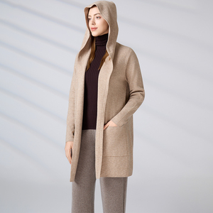 Cárdigan de punto con capucha para mujer, mezcla de lana, frente abierto, suéter personalizable de alta gama, abrigo de punto de longitud media con bolsillos - Product Image 3