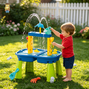 Table de jeu aquatique pour enfants Splash Dolphin avec parasol, double piscine et pulvérisation d'eau, ensemble de jeu pour l'eau et le sable - Product Image 6