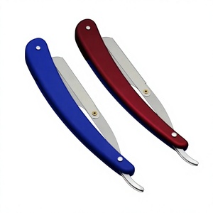 MORGANS INDUSTRIES Blue Red Straight <b>Razor</b> with Stainless Steel <b>Blade</b> for Barber Shop Use <b>Single</b> <b>Blade</b> Stainless Steel Handle - Product Image 1