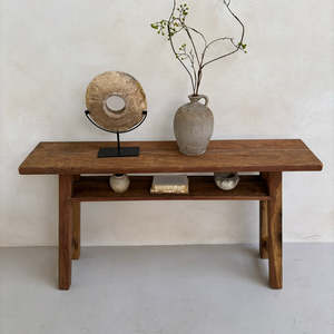 Antique Recycled Pine Wood Console Side Table <b>Space</b>-<b>Saving</b> Home Office <b>Desk</b> Furniture Metal Frame Shelf Living Room Dining Area - Product Image 2