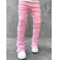Jeans déchirés empilés pour hommes, streetwear, pantalon en denim de coton, coupe droite, avec patchs à franges et délavage vieilli