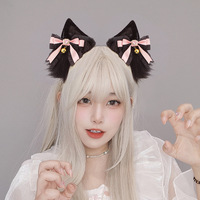 S0008 Ensemble de serre-tête et de queue en peluche faits à la main, oreilles de renard foncé, queue de renard, accessoire de cosplay avec nœud, accessoire d'oreille de loup Lolita pour cosplay