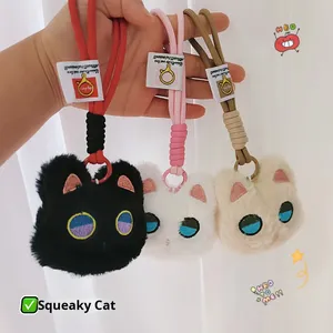 Nouveau Porte-clés Peluche Chat aux Yeux Bleus qui Couine, en Coton PP, Peluche Courte, Mignon Pendentif de Sac Noir, Petite Poupée Personnalisée, Vente en Gros - Product Image 3