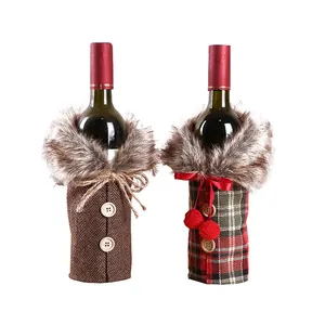 Christmas Sweater Wine Bottle Cover Plaid Wine Bottle Bag Linen Wine Bottle Dresses With Fur Collar