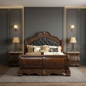 Modern Teak Wood King Bedroom Bed Set Storage Extendable Hand-Carved Leather Upholstery Headboard 2 Nightstands Home Furniture - Product Image 3