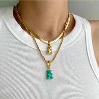 Collier en acier inoxydable en gros, pendentif en résine colorée en forme d'ours gélifié et diamant, accessoires de fabrication de bijoux pour femmes