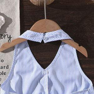 Ensemble deux pièces décontracté pour filles de 8 à 12 <span class=keywords><strong>ans</strong></span>, <span class=keywords><strong>veste</strong></span> sans manches à col à nœud rayé et short, respirant en polyester/coton, été, 8-12 <span class=keywords><strong>ans</strong></span> - Product Image 4