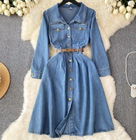Automne nouveau Style haut de gamme rétro robe en jean lavé Vintage jupe longue à simple boutonnage avec taille naturelle au genou