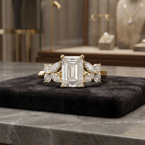 Anillo de Diamante Cultivado en Laboratorio con Esmeralda Certificada por IGI, con Detalles Redondos Marquise, Oro de 10K, 14K, 18K, Plata 925, 935, Joyería Fina - Product Image 1