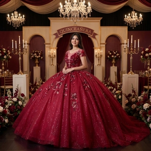 ชุดราตรีงาน Quinceanera รุ่น Dy1569 สีเบอร์กันดี ประดับดอกไม้ 3 มิติ แบบ Sweetheart ผ้าตาข่ายสีนู้ด ประดับลูกปัดวิบวับ ผ้าทูลล์ ยี่ห้อ Jancember - Product Image 1