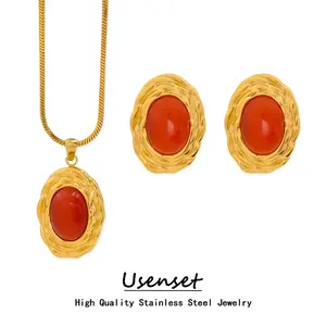 USENSET Vintage Orange Oval Natural Stone Jewelry Set Textured Women's Exquisite Earrings Pendent Necklace 2023 Bijoux