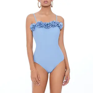 luxury bikini maillots de bain handmade blue roses one piece swimsuit for women