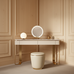 Ensemble de coiffeuse de luxe moderne en bois massif de style européen avec miroir éclairé, pieds dorés, tabouret de coiffeuse multifonctionnel et écologique - Product Image 3