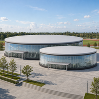 Salle à ossature métallique pour usage sportif et expositions, avec sièges en volume ouvert, cloisons et structure intérieure intégrée, structure extérieure inaltérée