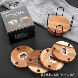 Solid Wood Coaster Bottle Opener Round Stainless Steel For Coffee Juice <b>Beer</b> - Product Image 1
