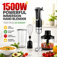 Ensemble Mixeur Plongeant Électrique 1500W en Acier Inoxydable, Silencieux, avec Hachoir, Fouet, Tasse à Mesurer et Vitesses Variables