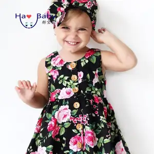 Hao Baby Hot Style American Summer Chinese Born Sleeveless Printing Bowknot Hair Girl Princess Dress Girl Kids